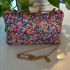 NEW colorful stone-patterned evening clutch‎ bag rhinestone closure gold-tone